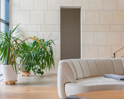 Lichte woonkamer met witte muren, een lichte bank, ronde tafel en veel planten in Scandinavische stijl