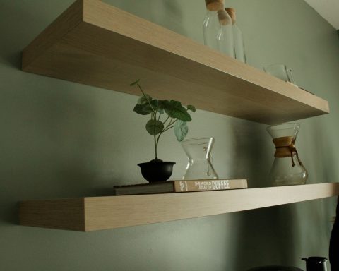 Groene muur met houten zwevende planken vol boeken, planten en karaffen in neutrale, natuurlijke tinten