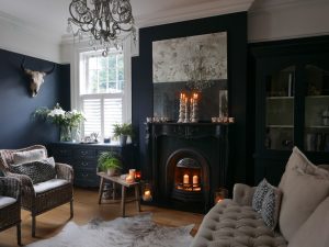 Klassieke woonkamer met donker stormblauwe muren, open haard, rieten stoelen en een zachte bank